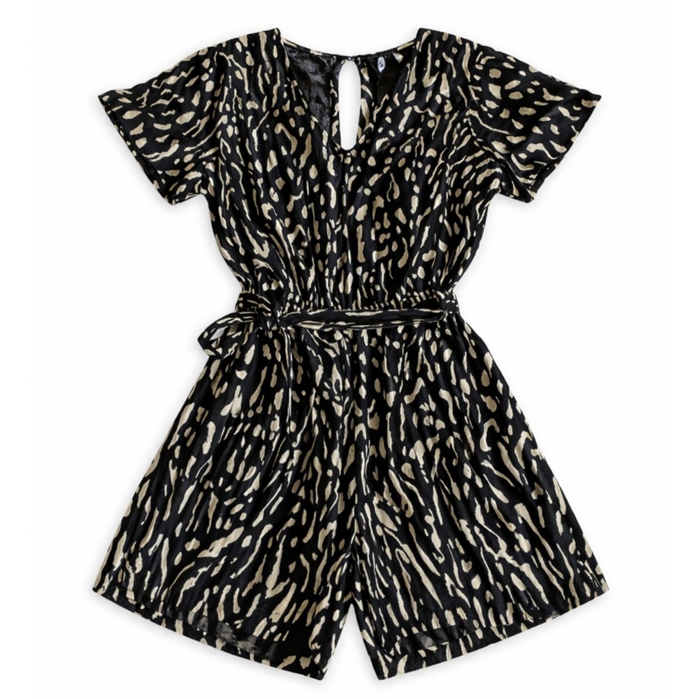 Rails Small Sophia Romper Pockets Elastic Waist Belt Black Abstract Cheetah